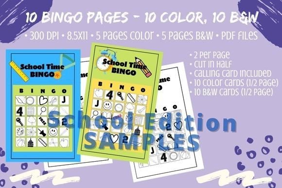 10 School Bingo Card Game – Color & B W