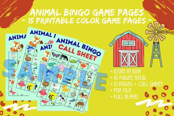 15 Sheet Animal Bingo Cards Game 4 Kids