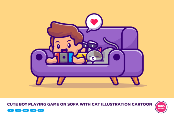 Cute Boy Playing Game on Sofa with Cat