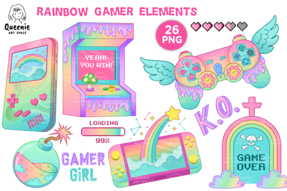 Rainbow Gamer Elements with Game Controller: Creative Design Resources for Versatile Projects